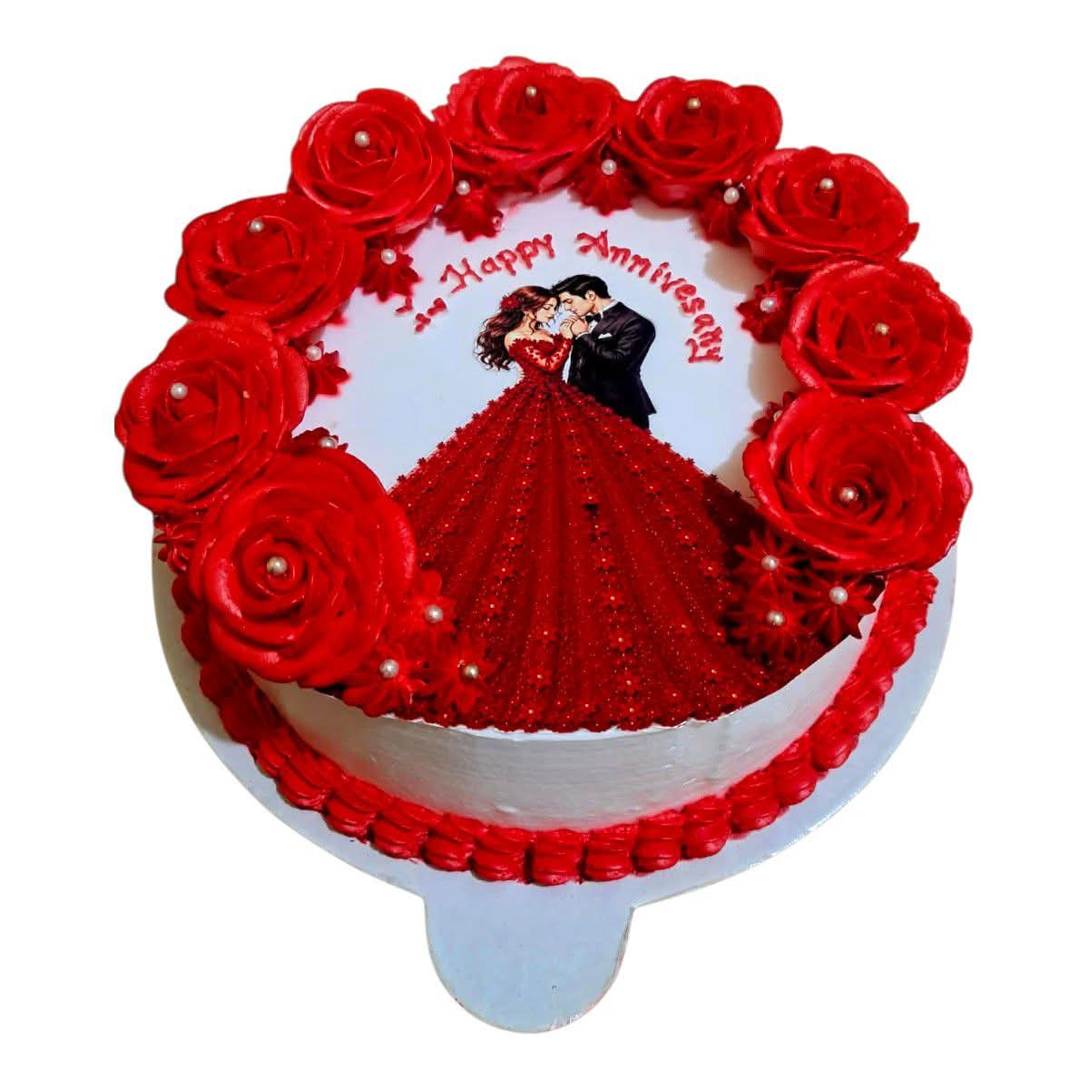 Red Rosette Wedding Couple Anniversary Cake