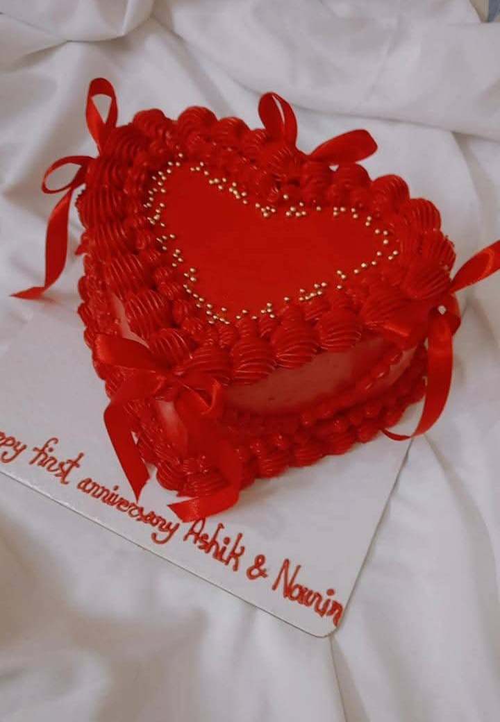 Red Heart Anniversary Cake with Ribbon Bow